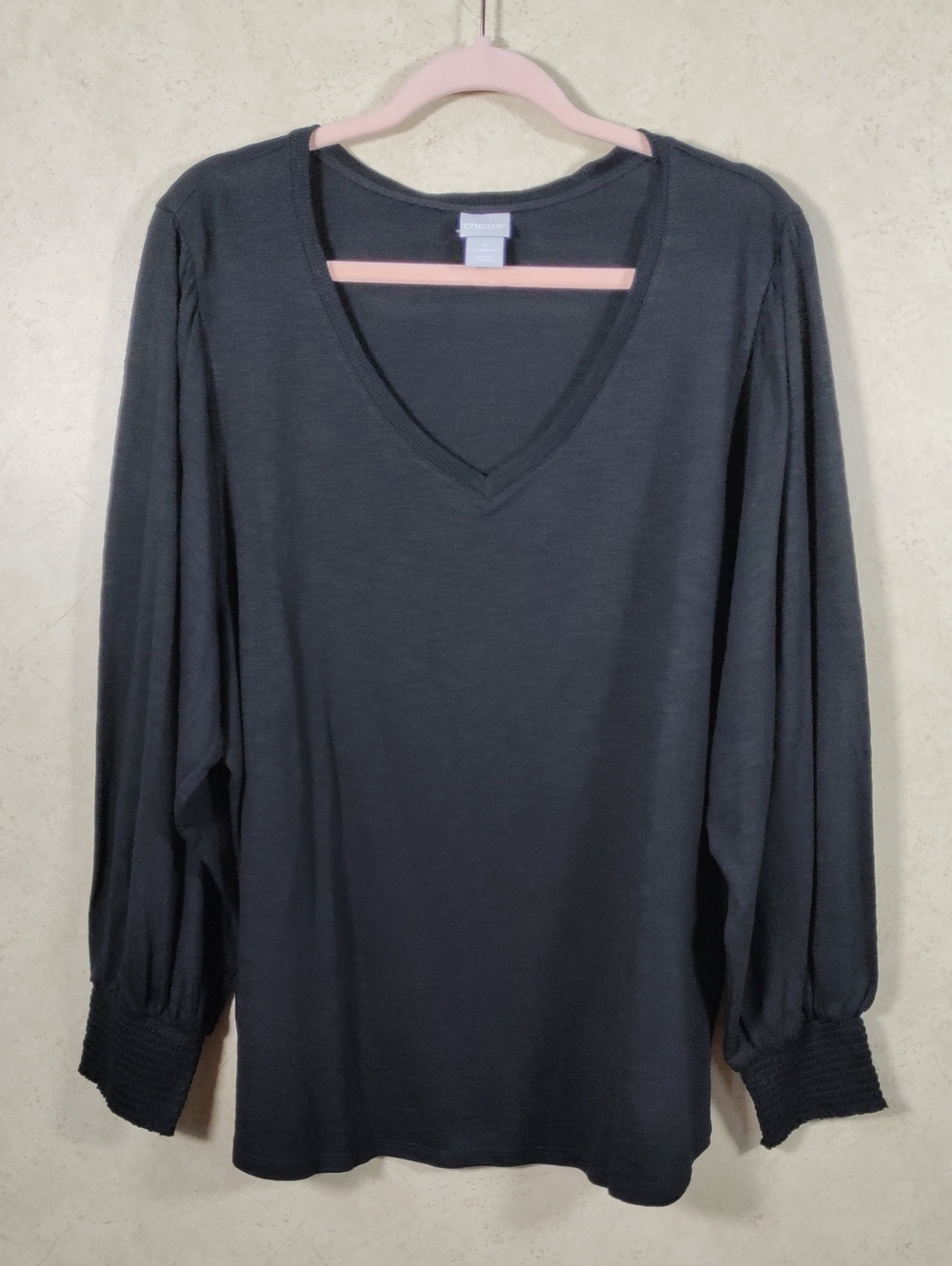 I132 Chico's Black V-Neck Balloon Sleeve Top 4 XXL NWT